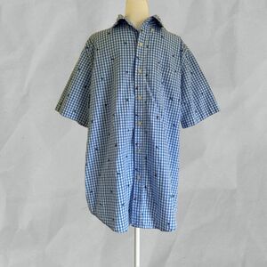 Men's CHAPS Shirt Palm Trees Short Sleeve Blue Check Button Up Shirt Size L/G